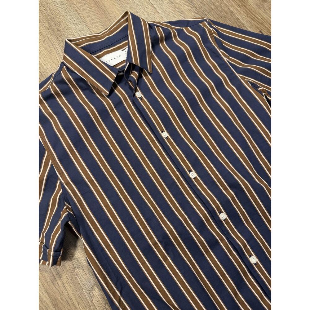 Mens Size M Slim Fit Brown And Navy Blue Retro Stripe Short Sleeve Topman Shirt